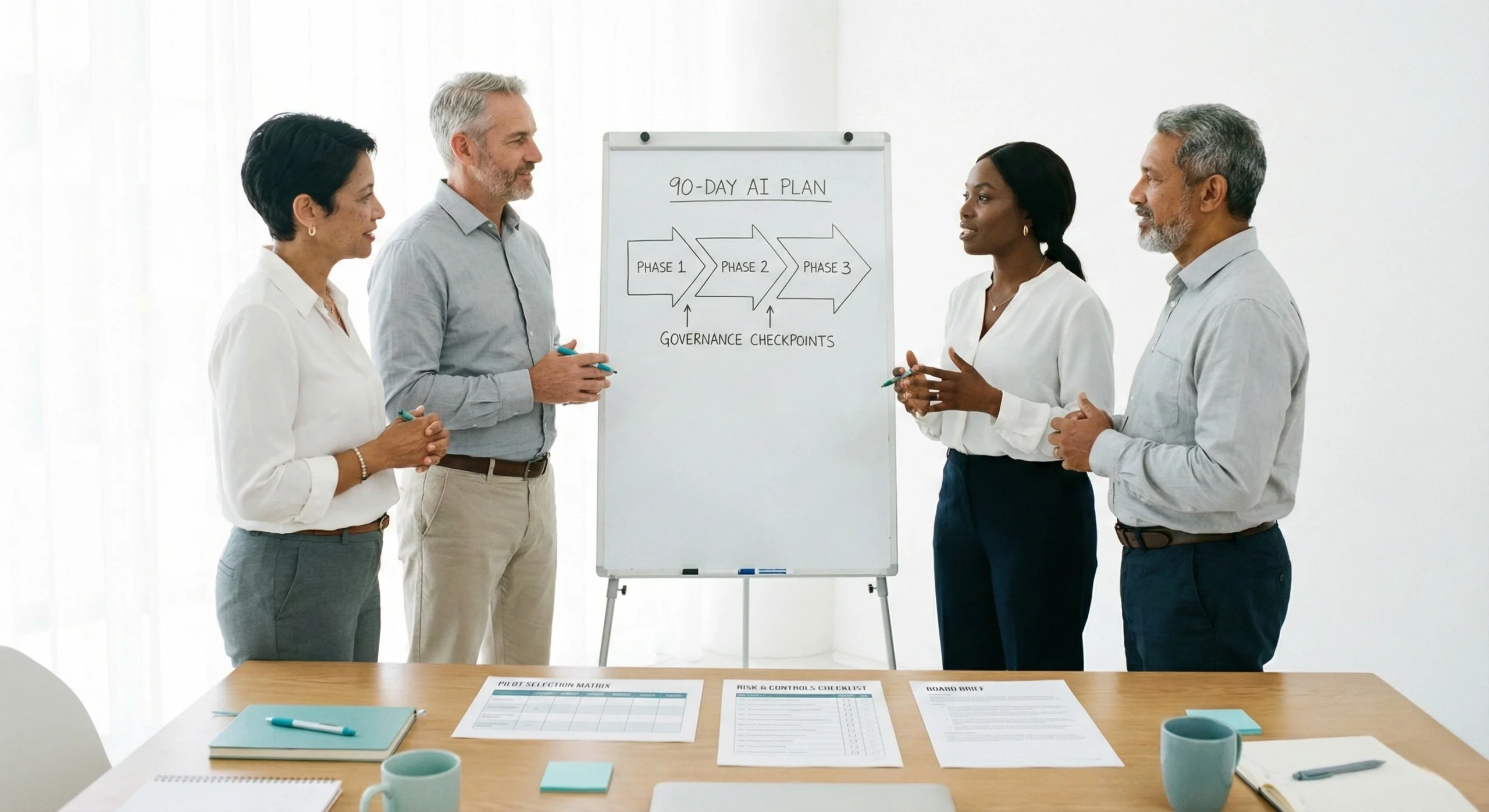 Workshop participants reviewing a 90-day AI plan with governance checkpoints.