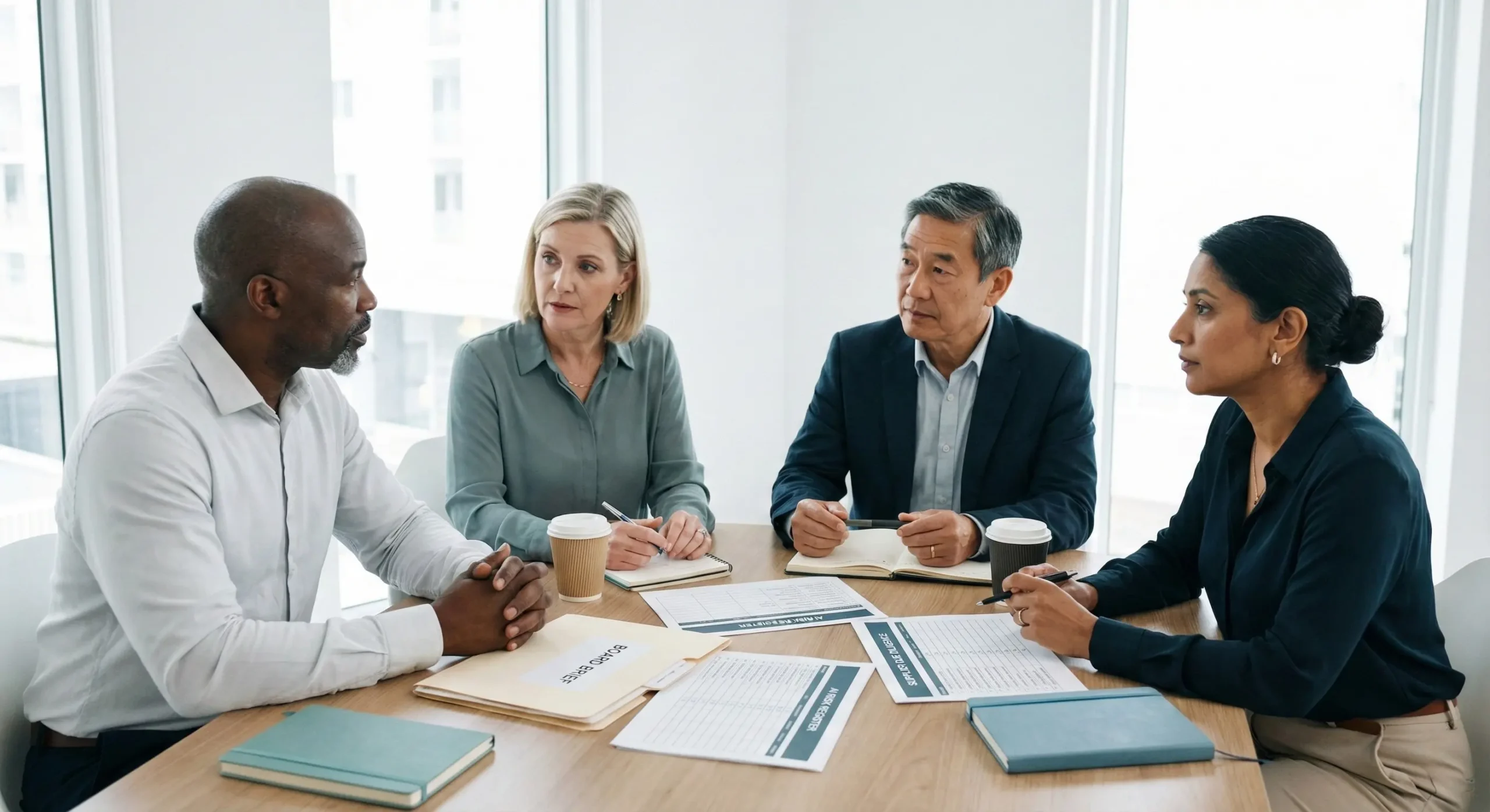 Senior leaders reviewing governance evidence including a risk register, decision log and supplier due diligence