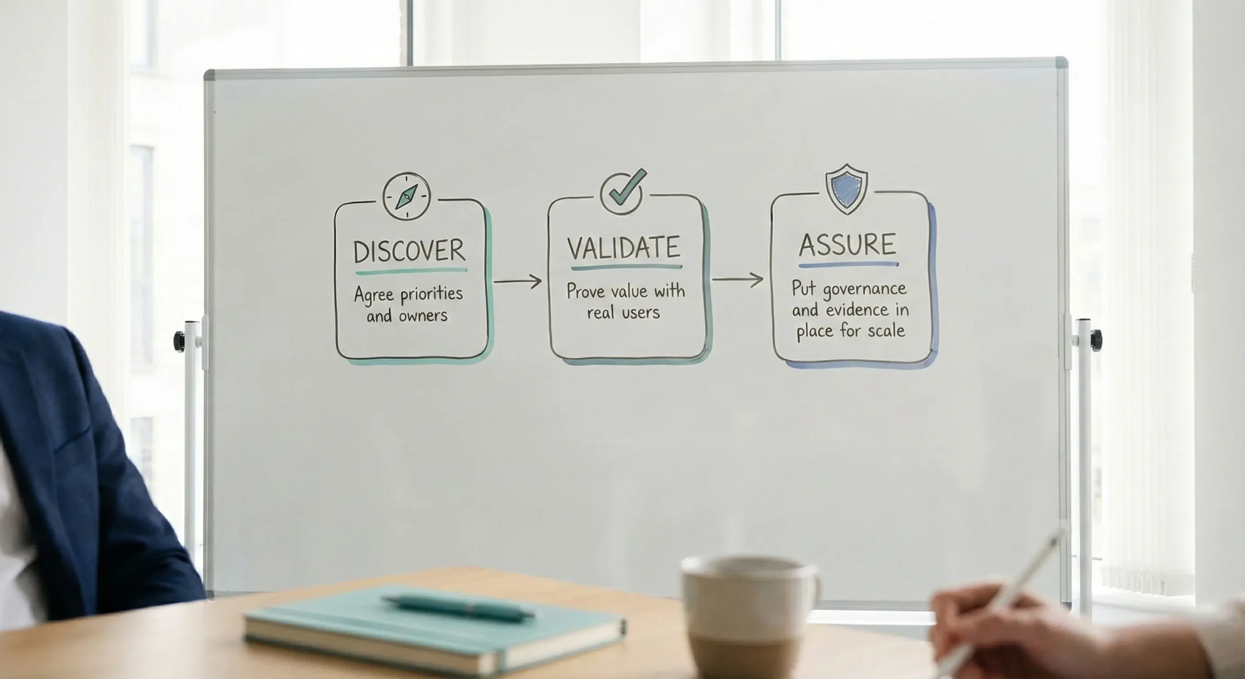 Whiteboard showing the three-step approach: Discover, Validate and Assure, with short descriptions for each step.