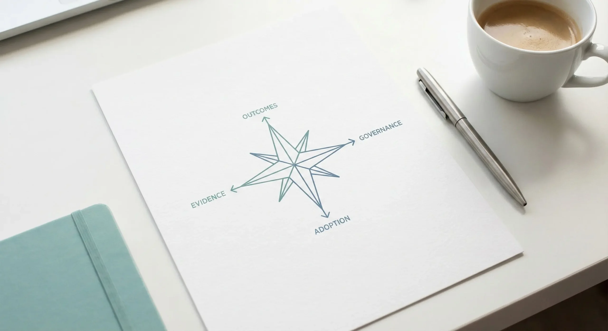Printed ‘north star’ mission graphic on a desk with a pen and coffee cup.
