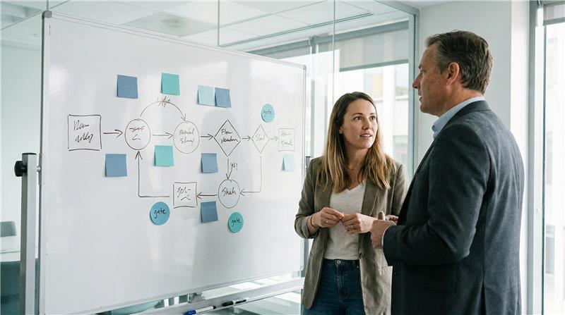 A facilitator and an executive at a whiteboard, reviewing a hand-drawn flow diagram with sticky notes that details the process of how the framework works.