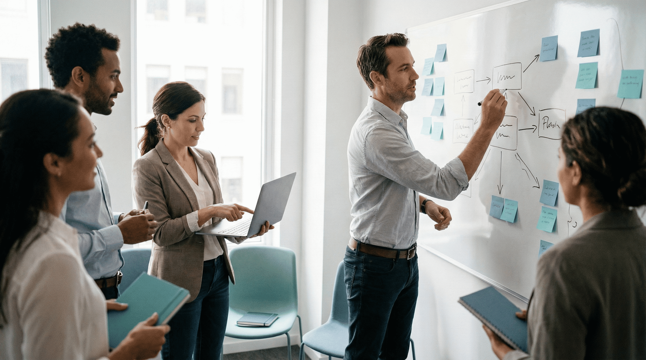 A candid photo of professionals collaborating around a whiteboard during a workshop, using diagrams and notes to define the FLAIR framework.