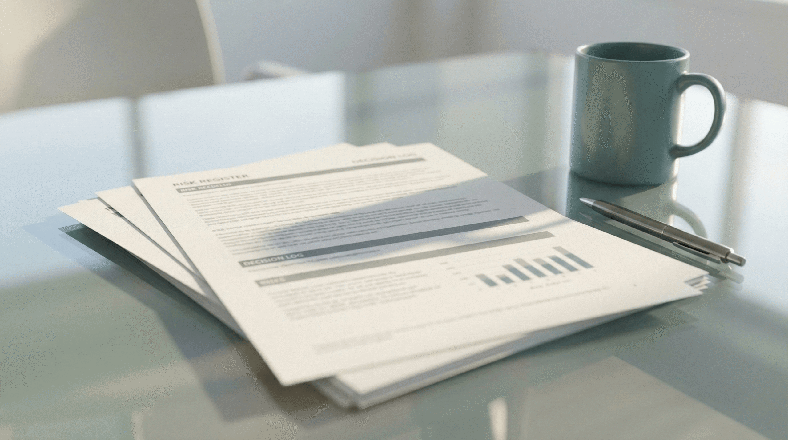 Senior colleagues in an office reviewing governance evidence, looking at charts on a laptop and printed documents like a risk register.