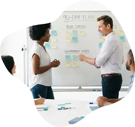 Workshop at whiteboard (90-day plan + governance gates)