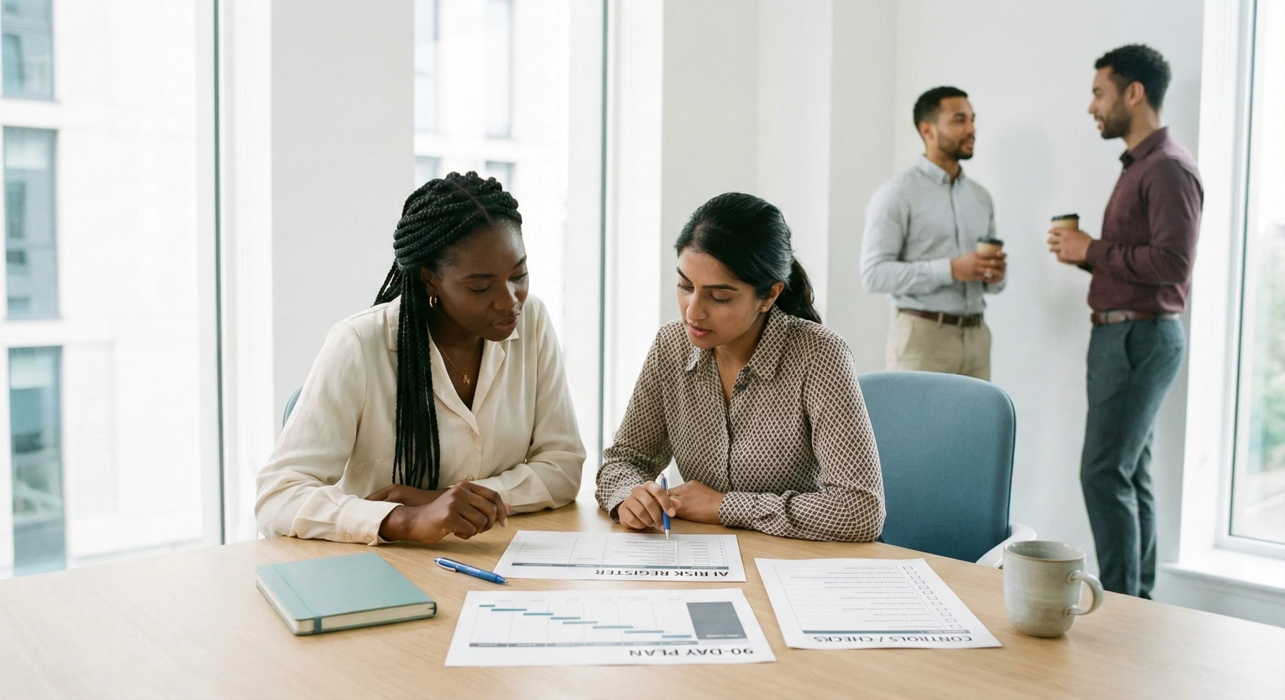 Colleagues reviewing a 90-day plan and performance metrics in a bright office